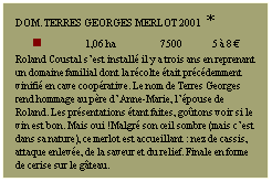 Zone de Texte: DOM. TERRES GEORGES Merlot 2001 *
n             1,06 ha          7500         5  8 
Roland Coustal sest install il y a trois ans en reprenant un domaine familial dont la rcolte tait prcdemment vinifi en cave cooprative. Le nom de Terres Georges rend hommage au pre dAnne-Marie, lpouse de Roland. Les prsentations tant faites, gotons voir si le vin est bon. Mais oui !Malgr son il sombre (mais cest dans sa nature), ce merlot est accueillant : nez de cassis, attaque enleve, de la saveur et du relief. Finale en forme de cerise sur le gteau.
 
