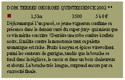 Zone de Texte: DOM. TERRES GEORGES Quintessence 2002 **
n             1,5 ha                  3500         5  8 
Dj remarqu lan pass, ce jeune vigneron confirme sa prsence dans le dernier carr du super-jury- qui mieux que ce vin mrite son titre ?Derrire une robe sombre  reflets noirs, il milite contre la monotonie tant sa palette aromatique est riche. Fruits  noyau et pices virevoltent parmi les senteurs de garrigue, tandis que la bouche se fond dans la rglisse, le cassis et dans un bois chaleureux et abouti. La bouche trs longue, surprend encore par sa sucrosit finale. 
 
