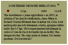 Zone de Texte: DOM.TERRES GEORGES Merlot 2002 *
n             11 ha             5000         5  8 
Une installation  jeune agriculteur  en 2001, la cration dun chai de vinification, Anne-Marie et Roland Coustal dbutent dans le mtier sur 12 ha. Leur merlot porte une robe fortement colore, quelques reflets tuils dus  lge. Un bouquet mariant habillement la cerise  leau-de-vie et la vanille (un an de ft). Une attaque rsolue. Un corps plein et charnu. Des tanins prudents. Du bon travail !
 
